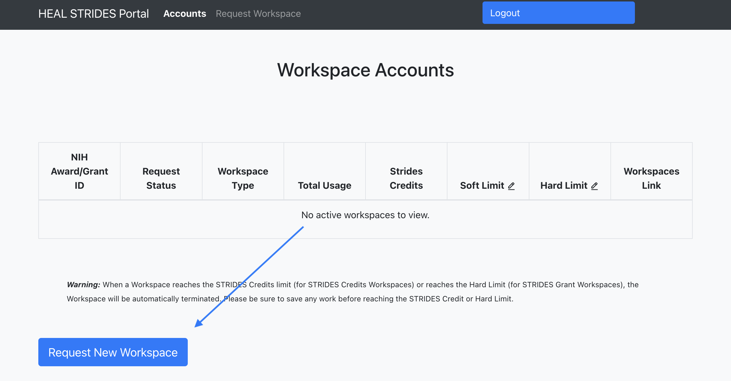 Screenshot of HEAL STRIDES Portal request new workspace form